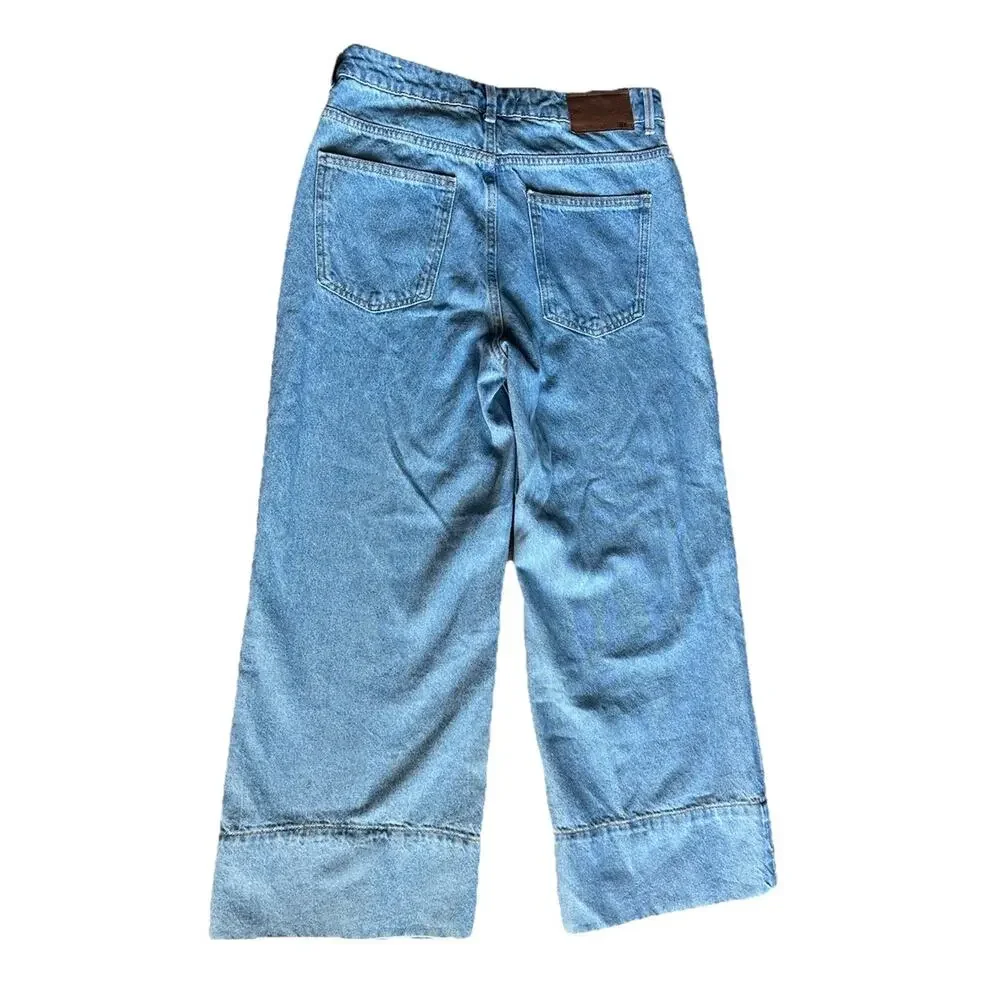 Zara Logo High-Waisted Cropped Wide Leg Jean Sz 6 Blue For Womens Cotton 100% - Picture 16 of 16